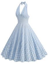 Load image into Gallery viewer, Plaid Blue Bow Halter Backless 1950S Vintage Swing Dress