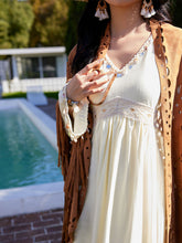 Load image into Gallery viewer, Bohemian Hollowed-out Tassel Scarf Shawl with A White V-neck Shell Boho Maxi Dress