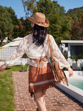 Load image into Gallery viewer, White Hollow Crochet Tassel Top with Brown Suede Irregular Tassel Skirt Boho Outfit