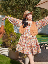 Load image into Gallery viewer, Bohemian Orange Printed Long-sleeved Mini Dress with Suede Embroidered Vest Boho Suit