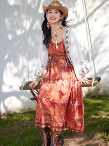 Bohemian Orange Strap Boho Maxi Dress with White Tassel Scarf Shawl