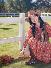 Load image into Gallery viewer, Bohemian Orange Printed Long-sleeved Mini Dress with Suede Embroidered Vest Boho Suit