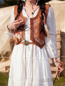 Bohemian White Long-sleeved Cotton Tassel Maxi Dress with Suede Embroidered Vest Boho Suit