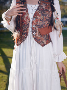 Bohemian White Long-sleeved Cotton Maxi Dress with Suede Embroidered Vest Boho Suit