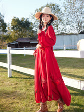 Load image into Gallery viewer, Red Bohemian V Neck Ruffled Lace High Waist Boho Maxi Dress