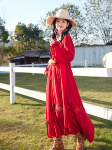 Red Bohemian V Neck Ruffled Lace High Waist Boho Maxi Dress