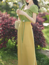 Load image into Gallery viewer, Yellow V Neck Puff Sleeve 1950S Vintage Dress