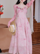 Load image into Gallery viewer, 2PS Pink Rose Handmade Flower Suspender Print Vintage Dress and Cardigan Suit