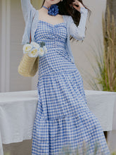 Load image into Gallery viewer, 3PS Blue Plaid Spaghetti Strap Dress With Blue Shawl Dress Suit