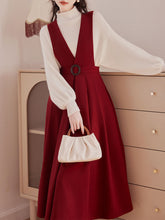 Load image into Gallery viewer, 2 Piece Red Angora Retro Suspender Dress with White Bow Shirt