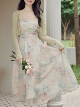 Load image into Gallery viewer, 2PS Light Pink Floral Print Spaghetti Strap Dress With Green Shawl Dress Suit