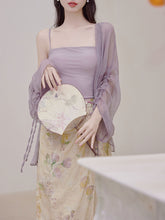 Load image into Gallery viewer, 3PS Purple Floral Tube Top and Slit Skirt 1950s Cardigan Suit