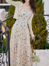 Load image into Gallery viewer, 2PS White Floral Print Spaghetti Strap Dress With Blue Shawl Dress Suit