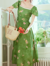 Load image into Gallery viewer, Green Square Neck Short Sleeve Floral Vintage Dress