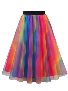 1950S Rainbow High Wasit Pleated Swing Vintage Skirt