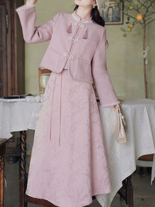 2PS Pink Long Sleeve Warm Coat With Pink Split Skirt Vintage Suit