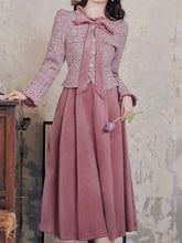 Load image into Gallery viewer, Pink and Purple Bow Fake Two-piece Velvet Long Sleeve Vintage 1950S Swing Dress