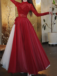 Red Romantic Ruffle Long Sleeve Vintage Maxi Swing Dress Prom Dress