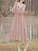 Load image into Gallery viewer, Pink Rose Girl Retro Lace V-neck Chiffon Long Lantern Sleeve Dress