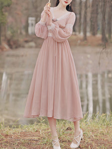 Pink Rose Girl Retro Lace V-neck Chiffon Long Lantern Sleeve Dress