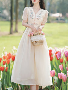 White V Neck Embroidered Short Sleeved Dress