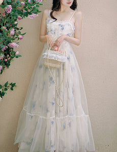 2PS White Floral Print Ruffles Spaghetti Strap Princess Dress With White Shawl Dress Suit