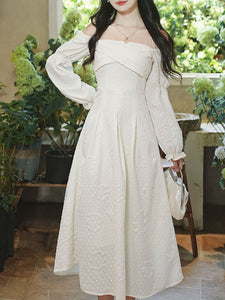 White Jacquard Pearl Chain Pleated Vintage Princess Dress