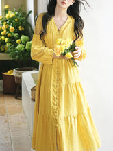 Load image into Gallery viewer, Yellow V-neck Boho Embroidered Bohemian Dress