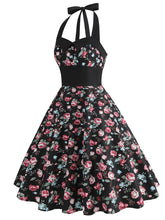 Load image into Gallery viewer, Black Rose Sweet Heart Halter Sleeveless 1950S Vintage Dress