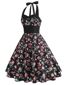 Black Rose Sweet Heart Halter Sleeveless 1950S Vintage Dress