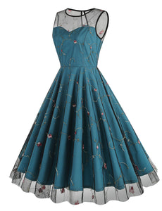 Lake Blue Semi Mesh Flower Embroidered Sleeveless 50S Swing Dress