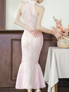 Pink Cheongsam Fishtail Maxi Dress Prom Dress With White Cape