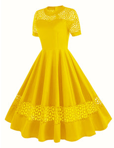 Yellow Semi Mesh Lace Short Sleeve 50S Swing Dress