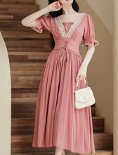 Load image into Gallery viewer, Pink Handmade Rhinestone Lace-up Belt Edwardian Revival Dress