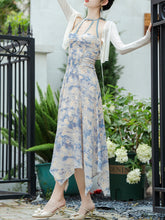 Load image into Gallery viewer, 2PS Blue Daisy Floral Print Halter Neck Dress With White Shawl Dress Suit