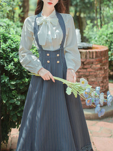 2PS White Bowknot Shirt And Blue Stripe Swing Strap Dress 1950S Dresss Set