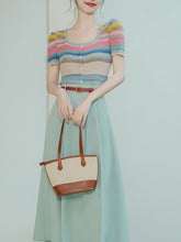 Load image into Gallery viewer, 2PS Green Round Collar Stripe Knitted Shirt And Swing Skirt Dress Set