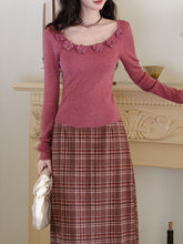 Load image into Gallery viewer, 2PS Pink Rose Sweater And Plaid Straight  Skirt 1950s Vintage Audrey Hepburn&#39;s Style Outfits