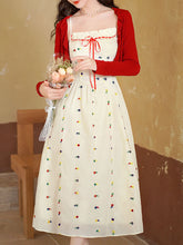 Load image into Gallery viewer, White Cute Cotton Embroidered Dress with Red Cardigan Vintage Suit