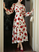 Load image into Gallery viewer, White Sweet Heart Collar Rose Print Long Sleeve Vintage Dress