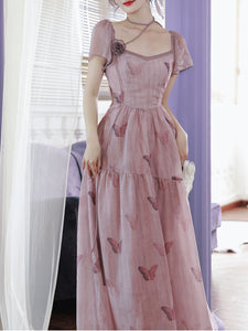 Lilac Purple Butterfly Print Romantic Maxi Dress
