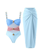 Load image into Gallery viewer, Green Hollow Out One Piece With Bathing Suit Wrap Skirt