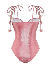 Load image into Gallery viewer, Pink Luminous Fabric One-piece Swimsuit With Bathing Suit Warp Skirt