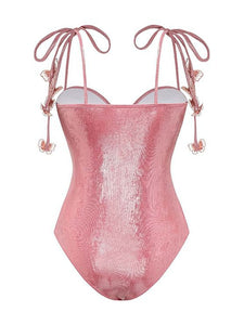 Pink Luminous Fabric One-piece Swimsuit With Bathing Suit Warp Skirt