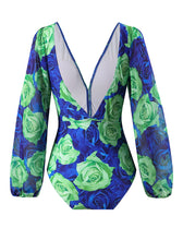 Load image into Gallery viewer, Green Floral Deep V Retro Style One Piece With Bathing Pant Suit