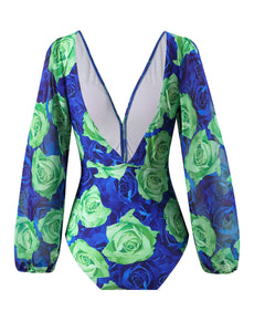 Green Floral Deep V Retro Style One Piece With Bathing Pant Suit