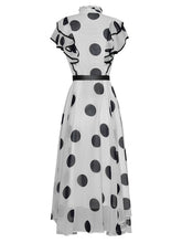 Load image into Gallery viewer, White Victorian Polka Dot Stand Collar Bow Ruffle Short Sleeve Vintage Dress