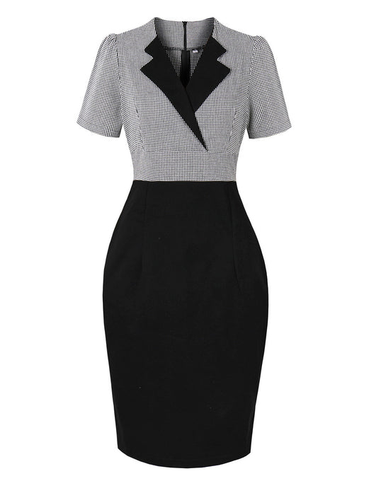 1940s Black V Neck Plaid Short Sleeve Vintage Bodycon Dress