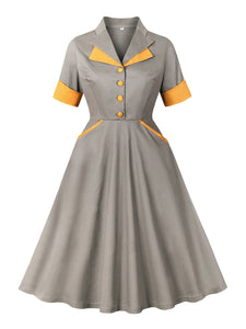 1950S Grey Turndown Collar Short Sleeve Vintage Dress