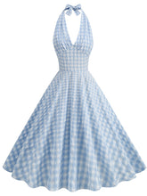 Load image into Gallery viewer, Plaid Blue Bow Halter Backless 1950S Vintage Swing Dress